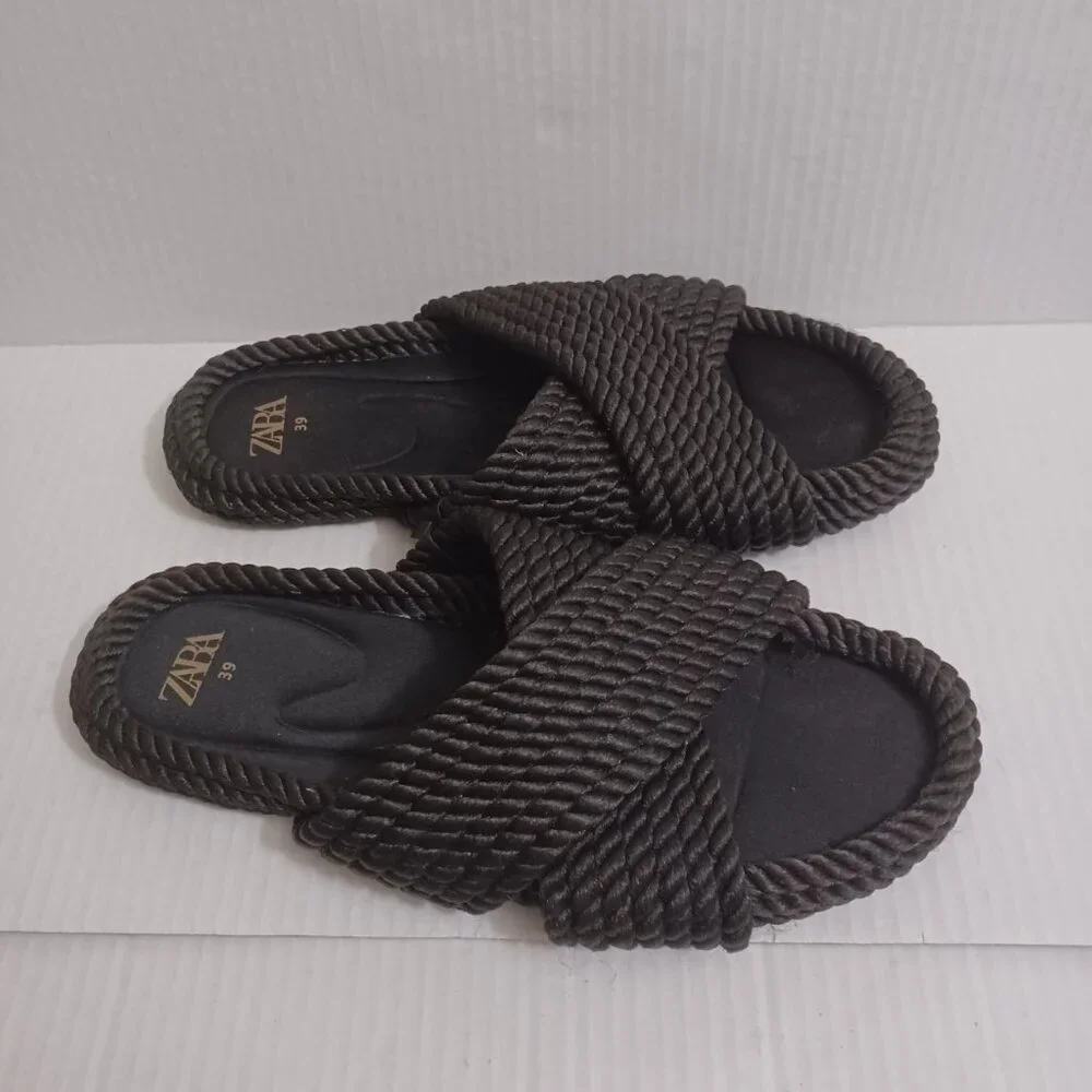 ZARA ROPE SLIDE SANDALS BLACK SIZE 39 - Picture 9 of 12